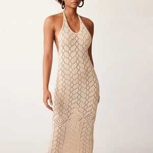 Savannah Morrow Beige Maxi Knit Halter Dress NEW